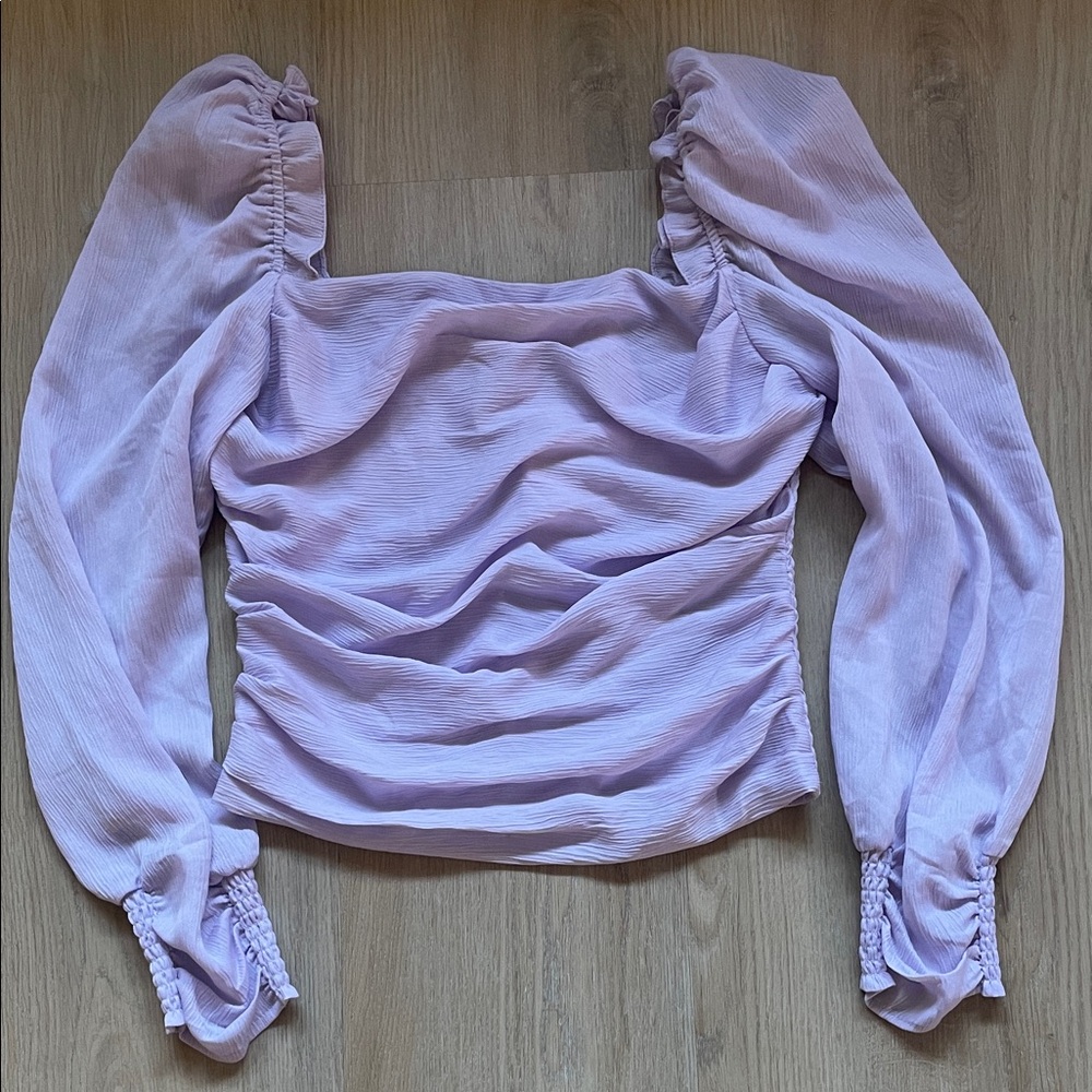 NWT Aster Lilac Women's Blouse with Ruched Sleeves